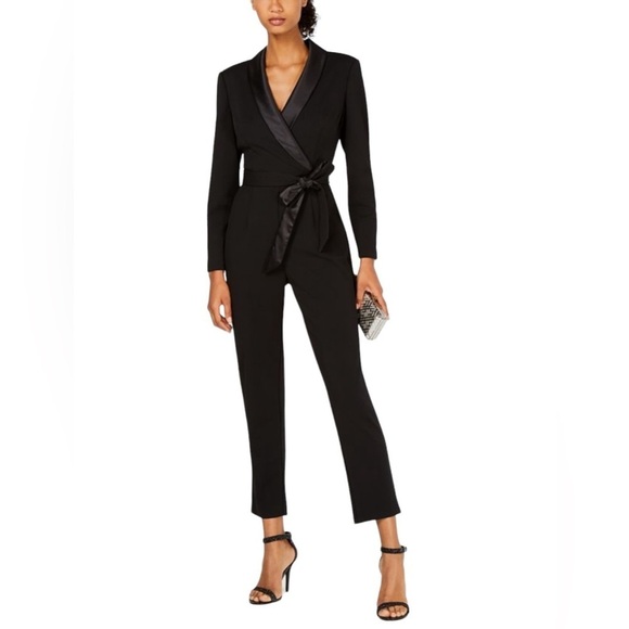 Adrianna Papell Womens Black Tuxedo Jumpsuit Size 2 Self Tie Surplice Neckline - Picture 16 of 16